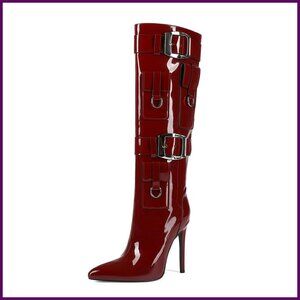 Knee High Stiletto Boots Pointed Toe Buckle Straps Women's Size